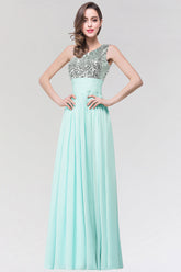 Sparkly One-shoulder Ruffle Long Bridesmaid Dresses with Sequined Top-27dress